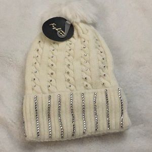 Winter hat with rhinestones new boutique items white faux fur lined w/ Pom Pom